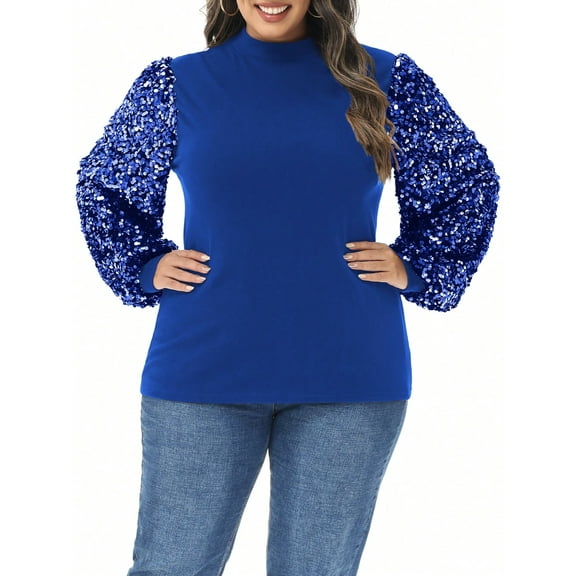 Women's Plus Size Sparkle Sequin Sweatshirt Mock Neck Pullover Long Sleeve Glitter Party Tops- 3X,Navy Blue