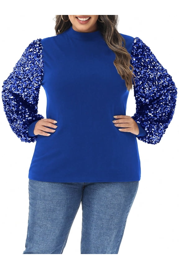 Women's Plus Size Sparkle Sequin Sweatshirt Mock Neck Pullover Long Sleeve Glitter Party Tops- 3X,Navy Blue