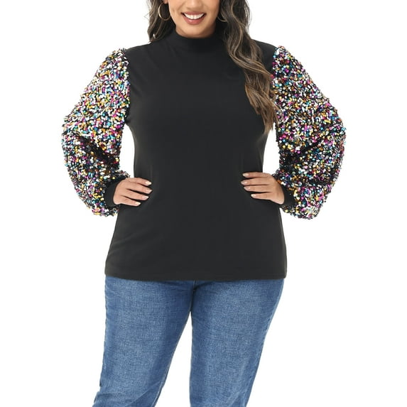 Women's Plus Size Sparkle Sequin Sweatshirt Mock Neck Pullover Long Sleeve Glitter Party Tops, Candy, 2X-Large
