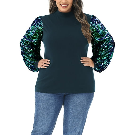 Women's Plus Size Sparkle Sequin Sweatshirt Mock Neck Pullover Long Sleeve Glitter Party Tops, Green, 1X-Large