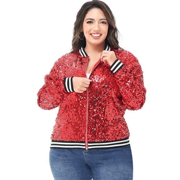 Women's Plus Size Sparkly Jacket Long Sleeve Zip Up Sequin Bomber Jacket Coat For Party, Red,4X-Large