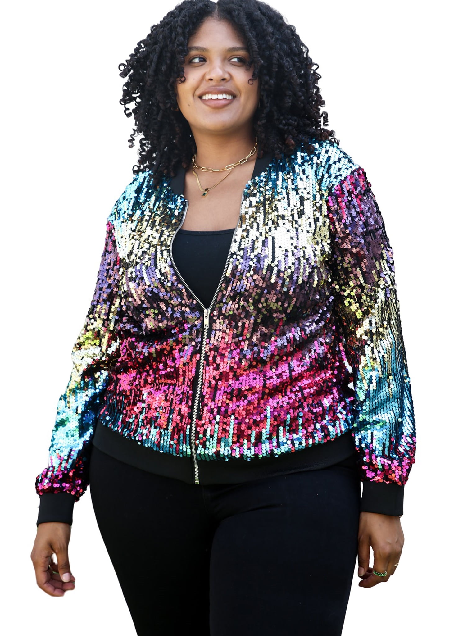 Women's Plus Size Sparkly Jacket Long Sleeve Zip Up Sequin Bomber ...