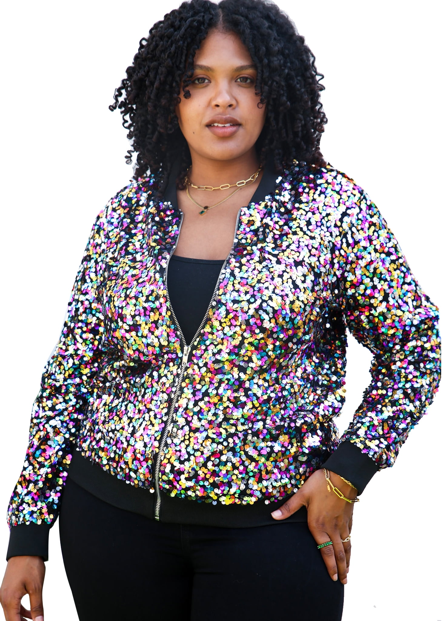 Women's Plus Size Sparkly Jacket Long Sleeve Zip Up Sequin Bomber ...