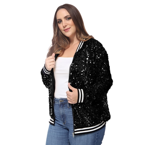 Women's Plus Size Sparkly Jacket Long Sleeve Zip Up Sequin Bomber Jacket Coat, Pure Black,2X-Large