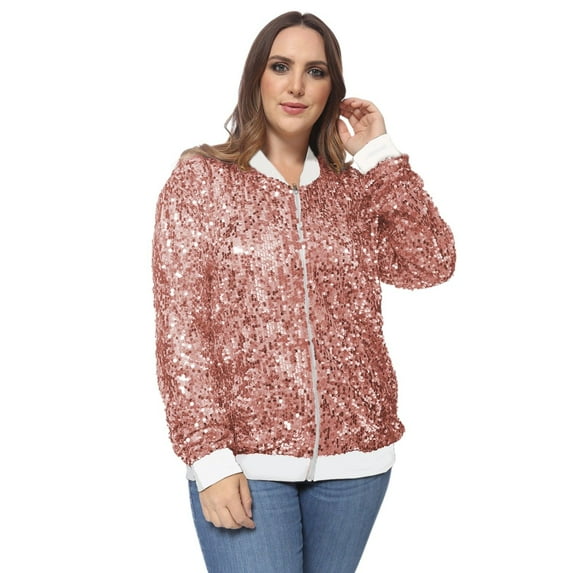 Women's Plus Size Sequin Bomber Jacket - 1X, Rose Gold