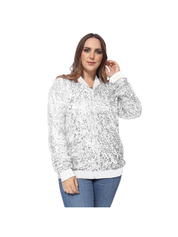 Women's Plus Size Sequin Bomber Jacket - 1X, Silver