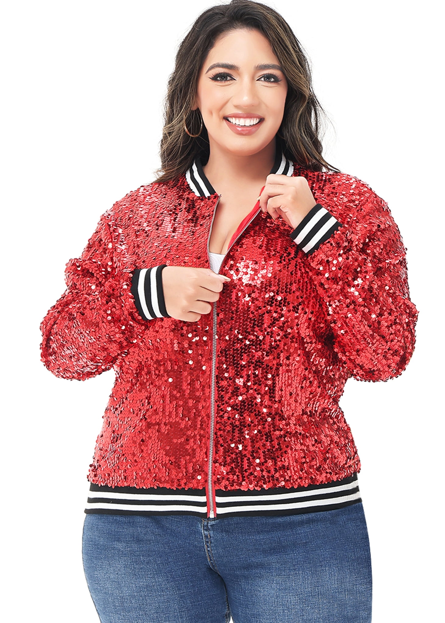 Women's Plus Size Sparkly Jacket Long Sleeve Zip Up Sequin Bomber ...