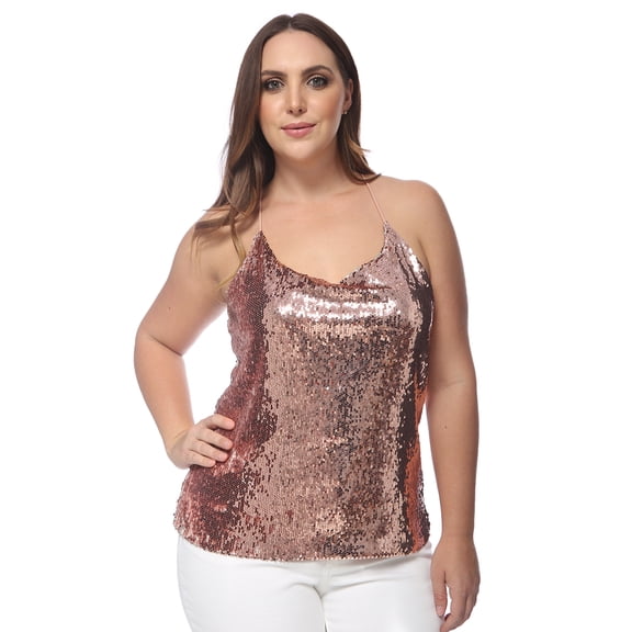 Women's Plus Size Sparkly Sequin Cami Racerback Spaghetti Strap Tank Top, Rose Gold, Large