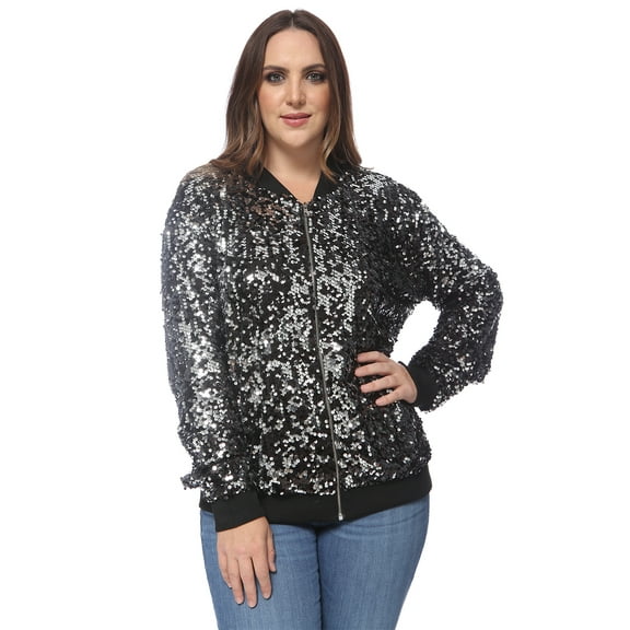 Women's Plus Size Sparkly Sequin Long Sleeve Zip Up Bomber Jacket Coat, Black, X-Large