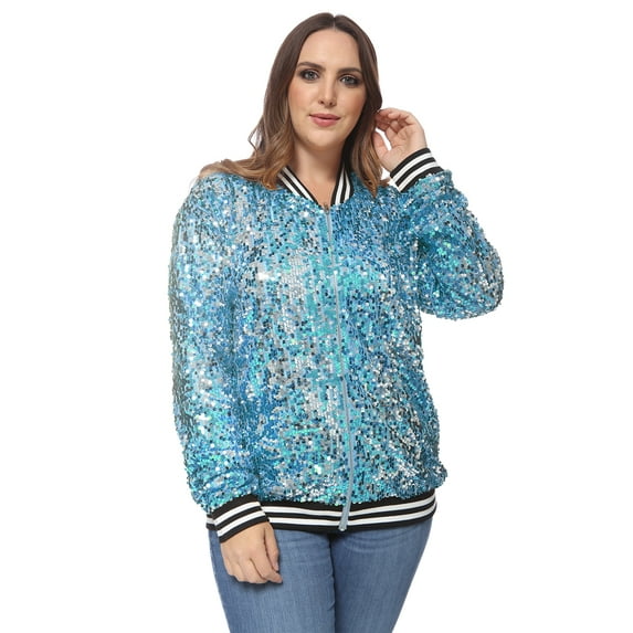 Women's Plus Size Sparkly Sequin Long Sleeve Zip Up Bomber Jacket Coat, Blue, XXXX-Large