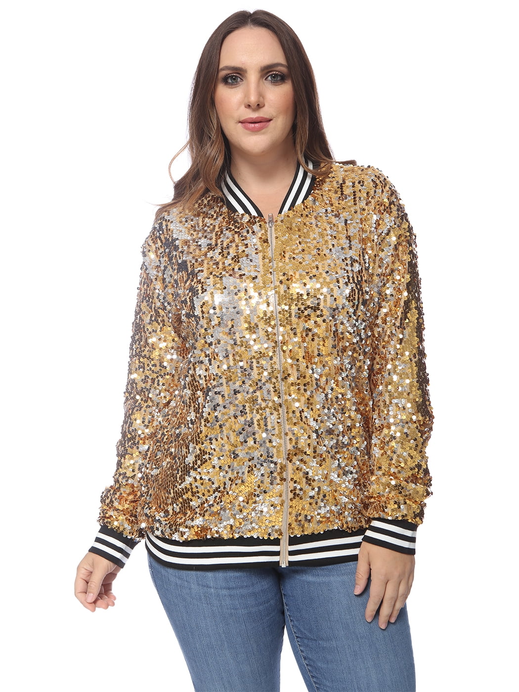 Women's Plus Size Sparkly Sequin Long Sleeve Zip Up Bomber Jacket Coat ...