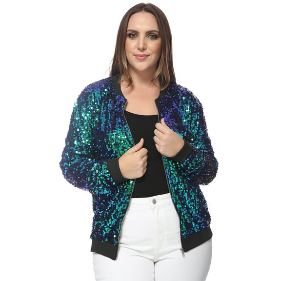 Women's Plus Size Sparkly Sequin Long Sleeve Zip Up Bomber Jacket Coat, Mermaid, XX-Large