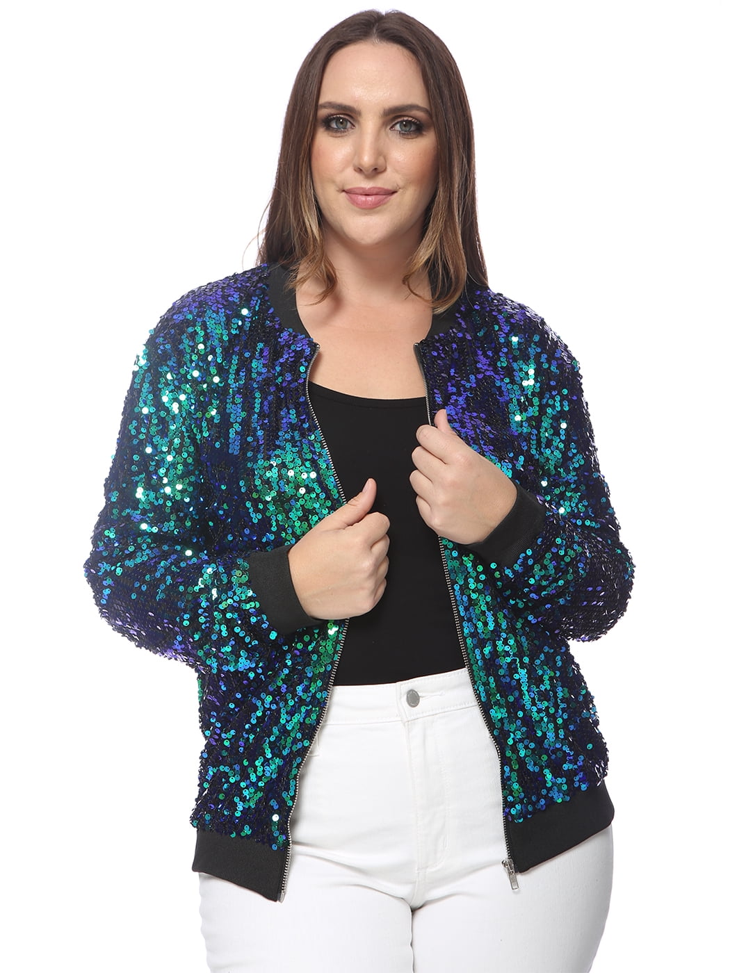 Women's Plus Size Sparkly Sequin Long Sleeve Zip Up Bomber Jacket Coat ...