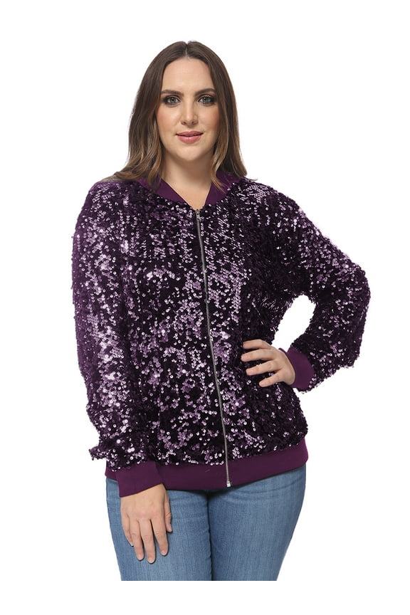 Women's Plus Size Sparkly Sequin Long Sleeve Zip Up Bomber Jacket Coat,Purple, X-Large