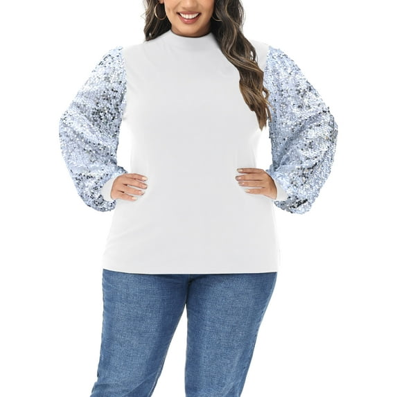 Women's Plus Size Sparkly Sequin Sweatshirt Mock Neck Pullover Long Sleeve Glitter Party Tops, White, 2X-Large