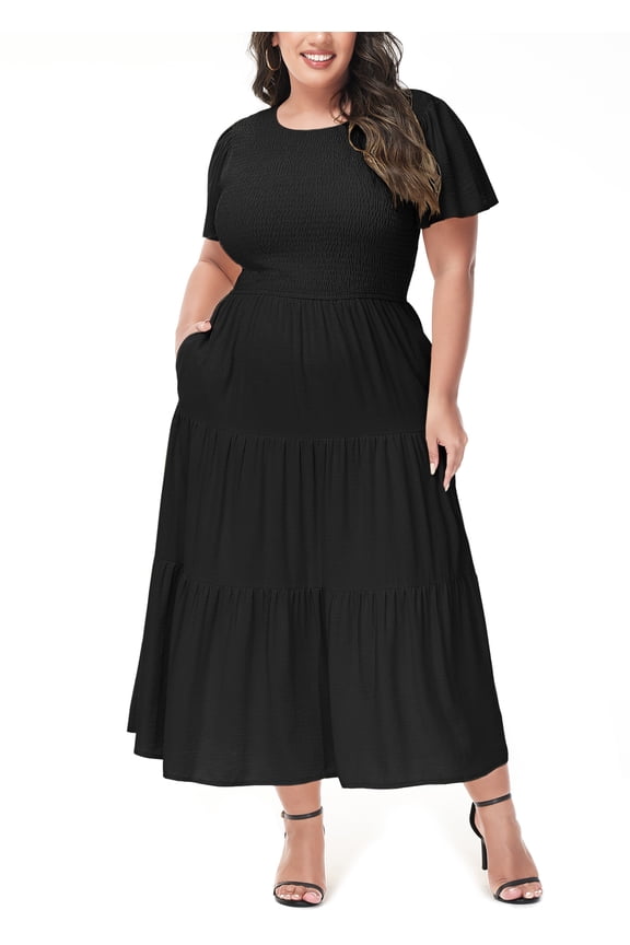 Women's Plus Size Spring Crew Neck Flutter Short Sleeve Elastic Waist Flowy Smocked Tiered Maxi Dress, Black, 4X-Large