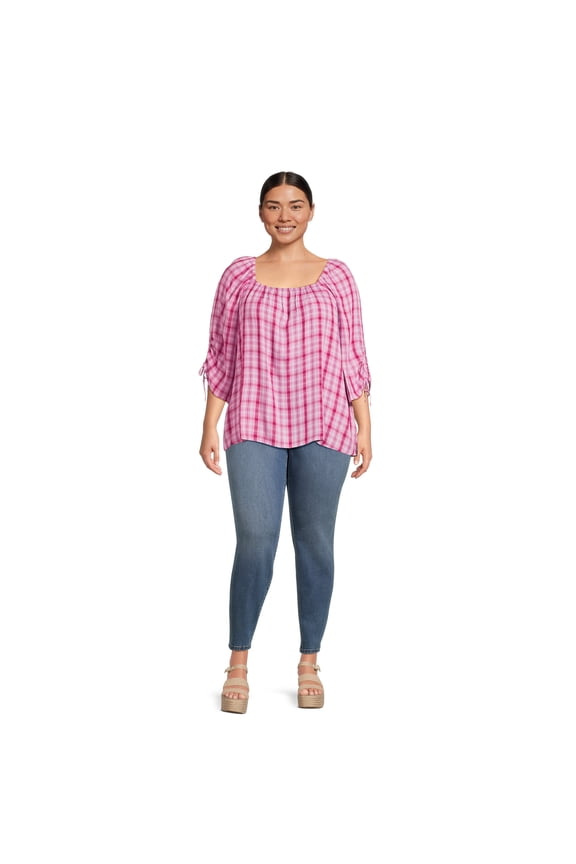 Women's Plus Size Square Neck Ruched Top, Size 3X Plaid Lilac