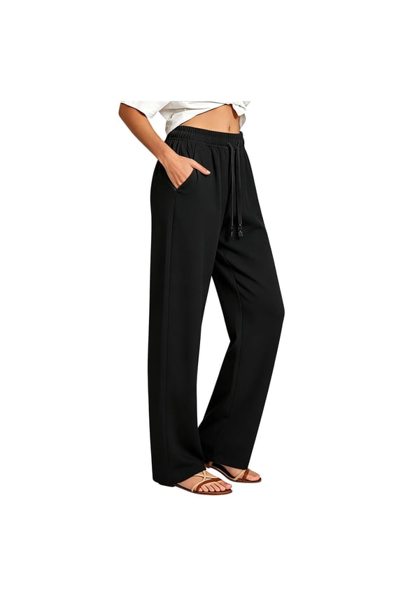 Women's Plus Size Straight Leg Athletic Pants, Nylon Quick Dry Cool Sensation Jogger Pants, Elastic Waist Drawcord Relaxed Fit with 2 Pockets, Ice Feeling Summer Casual Active Pants Black L