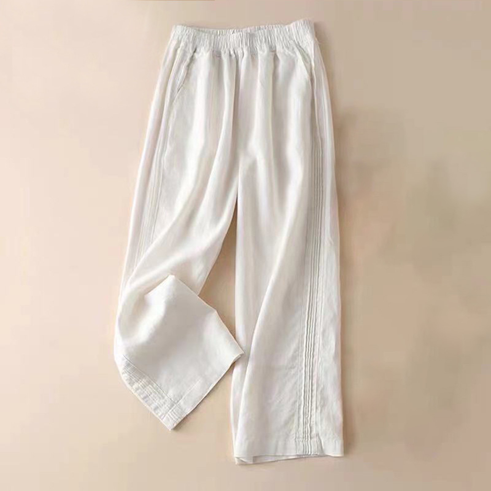 Women's Plus Size Straight Leg Pants Elastric Waist Cotton Linen Capri ...