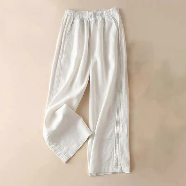 Women's Plus Size Straight Leg Pants Elastric Waist Cotton Linen Capri ...