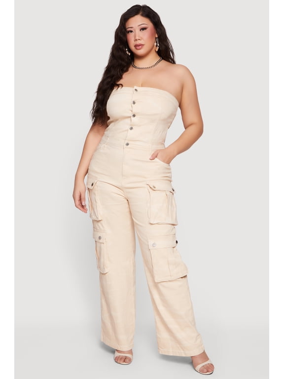 Women's Plus Size Strapless Denim Utility Cargo Jumpsuit