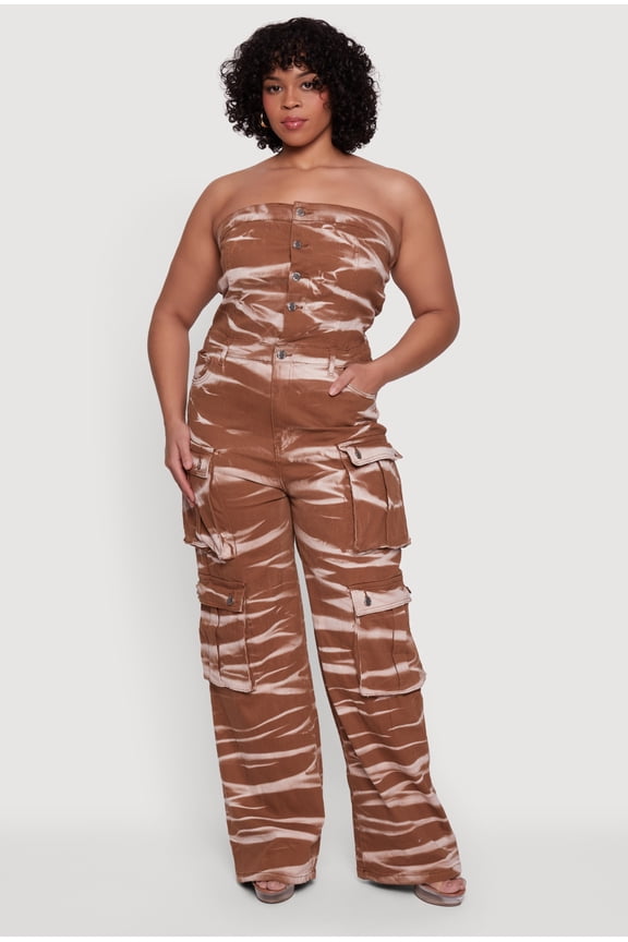 Women's Plus Size Strapless Denim Utility Cargo Jumpsuit