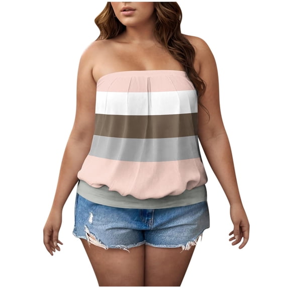 Women's Plus Size Strapless Tube Top 2026 Dressy Sleeveless Color Block Stretchy Casual Summer Shirt Blouses