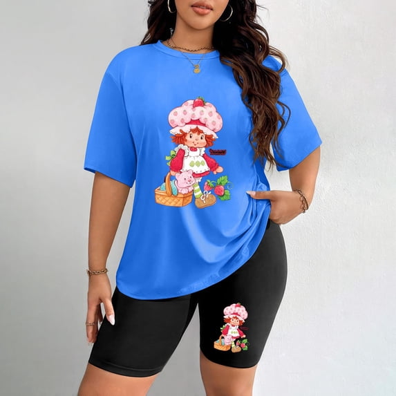 Women's Plus Size Strawberry Shortcake Character Print T-Shirt & Shorts Set