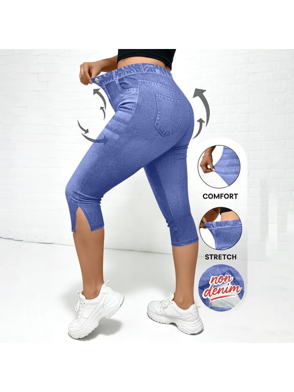 Women's Plus Size Stretchy Jeans High Waisted Capri Pants with Pockets Casual Summer Elastic Waist Split Hem Denim Pants Comfortable For Out Travel Beach Work