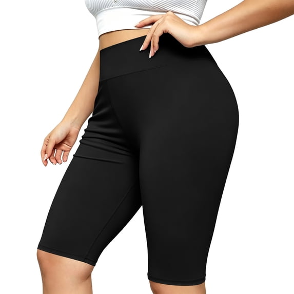 Women's Plus Size Stretchy Knee Length Biker Shorts Soft Tummy Control Yoga Workout Shorts Gym Running Travel Casual Active Shorts Black
