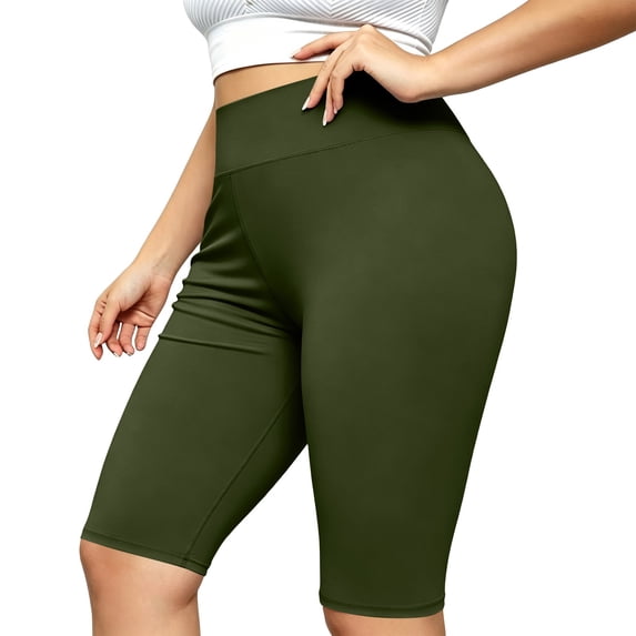 Women's Plus Size Stretchy Knee Length Biker Shorts Soft Tummy Control Yoga Workout Shorts Gym Running Travel Casual Active Shorts Green