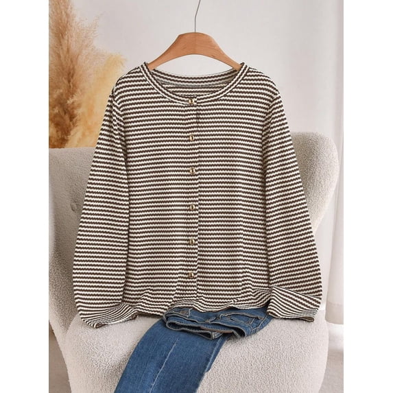 Women's Plus Size Striped Button Front Cardigan, Round Neck Long Sleeve Loose Fit Top for Work, Office, Everyday & Casual Wear