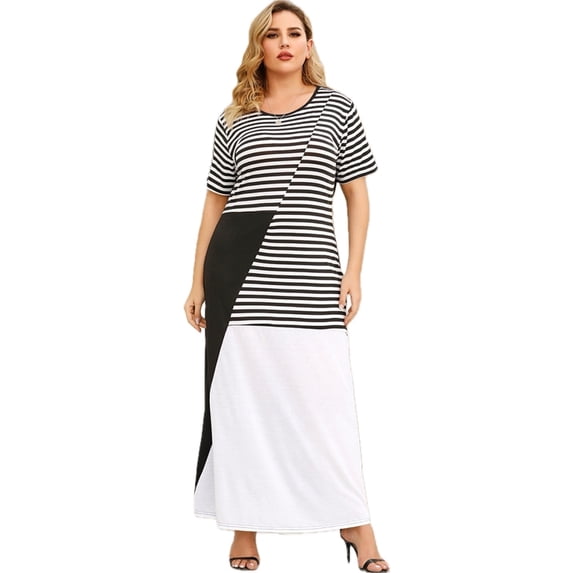 Women's Plus Size Striped Color Block Round Neck Maxi Dress 95% Polyester 5% Spandex Short Sleeves Machine Washable