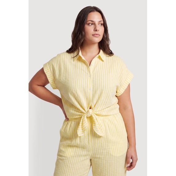 Women's Plus Size Striped Crepe Knit Tie Front Shirt