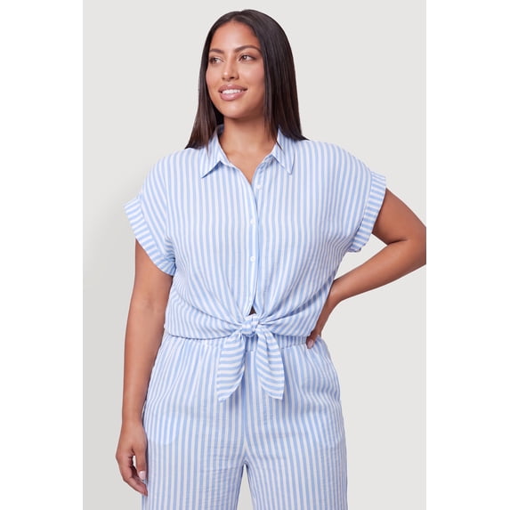 Women's Plus Size Striped Crepe Knit Tie Front Shirt