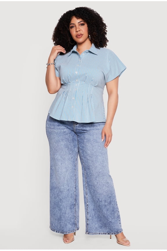 Women's Plus Size Striped Dolman Sleeve Pleated Shirt