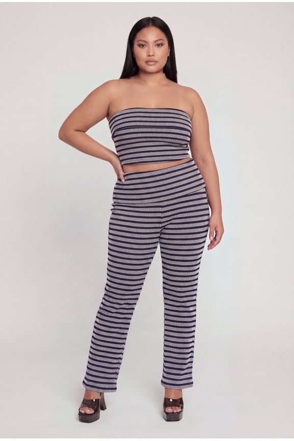 Women's Plus Size Striped Fold Over Waist Rib Knit Pants