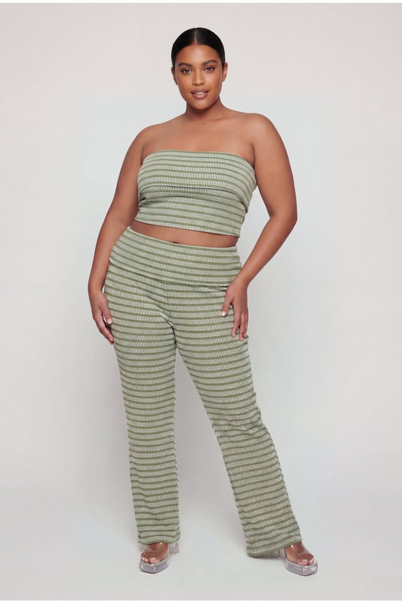 Women's Plus Size Striped Fold Over Waist Rib Knit Pants