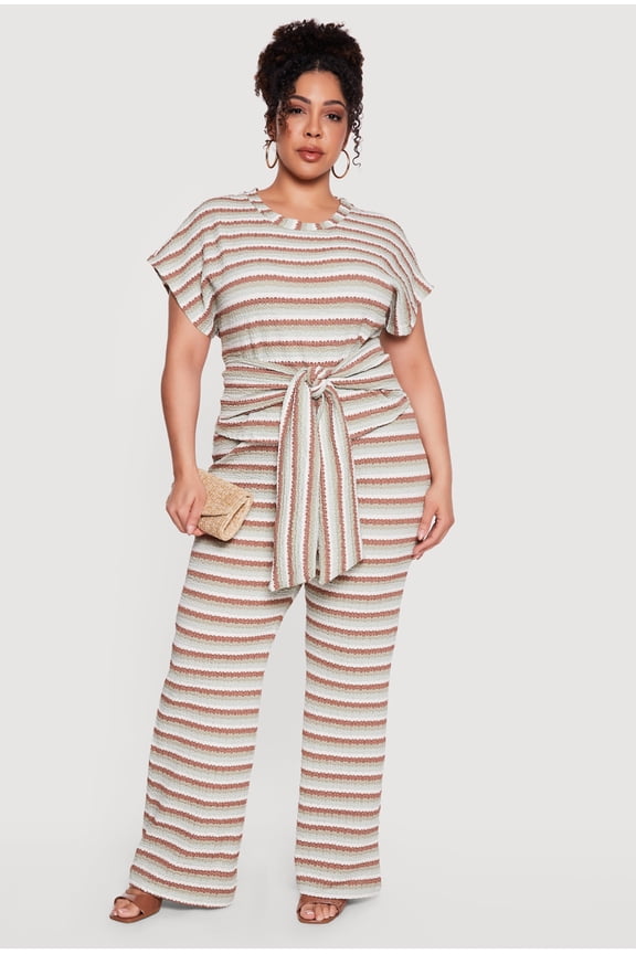 Women's Plus Size Striped High Waisted Wide Leg Textured Knit Pants