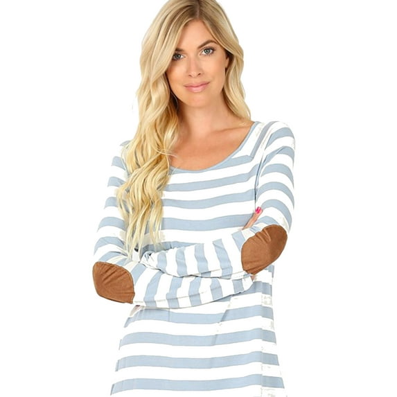 Women's Plus Size Striped Long Sleeve Boat Neck Top Elbow Patch