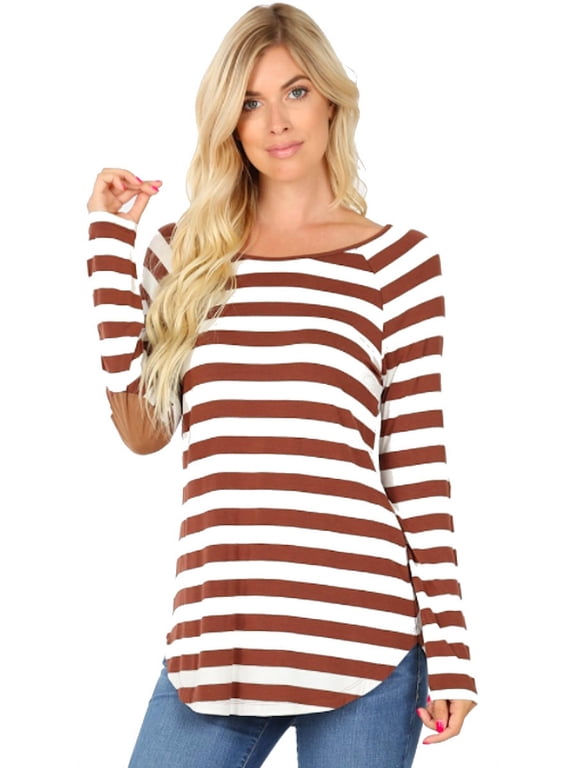 Women's Plus Size Striped Long Sleeve Boat Neck Top Elbow Patch