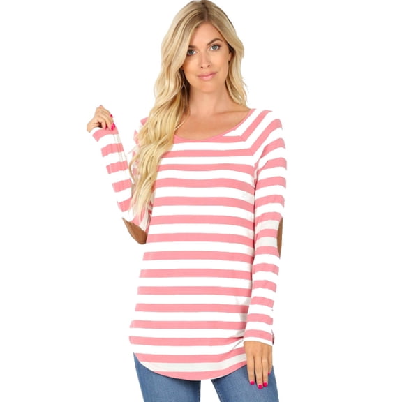 Women's Plus Size Striped Long Sleeve Boat Neck Top Elbow Patch