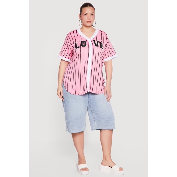 Women's Plus Size Striped Love Graphic Mesh Jersey