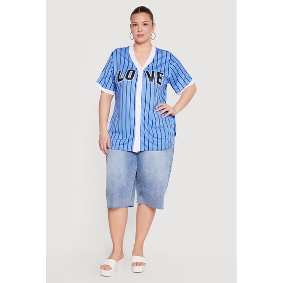 Women's Plus Size Striped Love Graphic Mesh Jersey