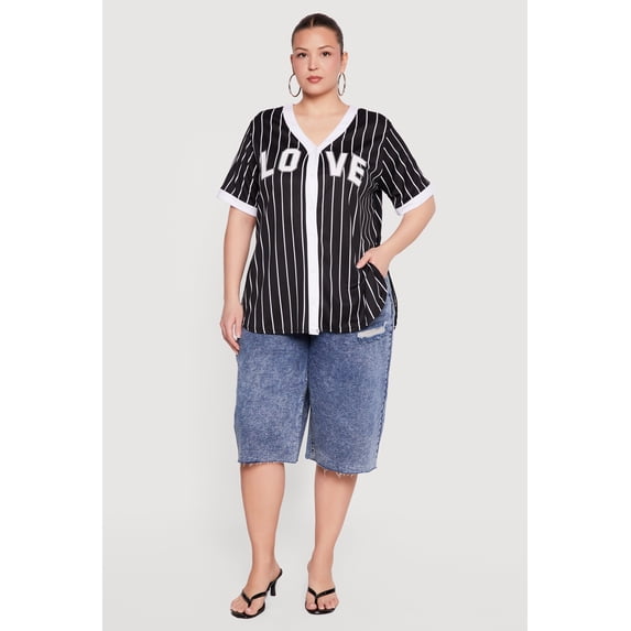 Women's Plus Size Striped Love Graphic Mesh Jersey