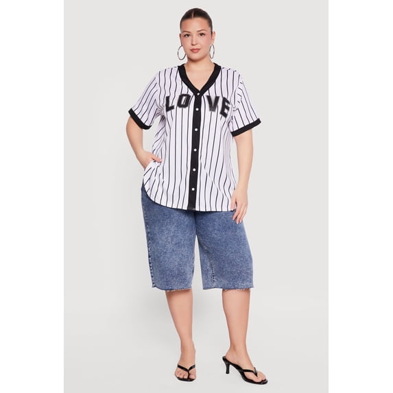Women's Plus Size Striped Love Graphic Mesh Jersey