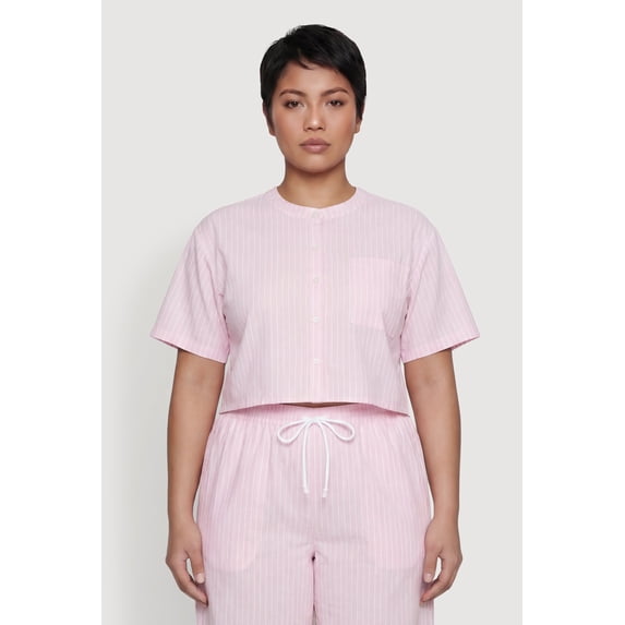 Women's Plus Size Striped Poplin Button Front Short Sleeve Shirt