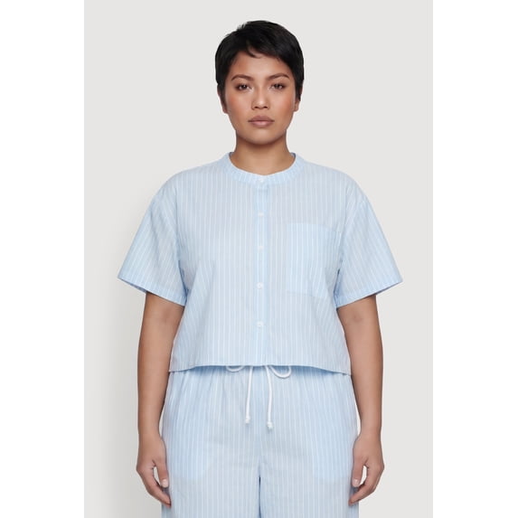 Women's Plus Size Striped Poplin Button Front Short Sleeve Shirt
