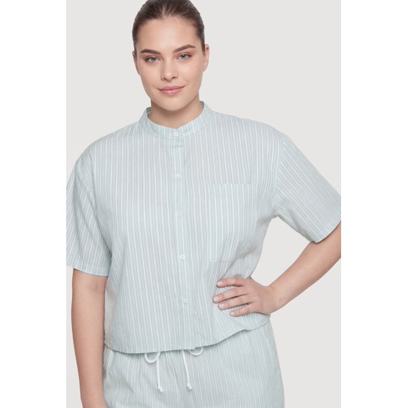 Women's Plus Size Striped Poplin Button Front Short Sleeve Shirt
