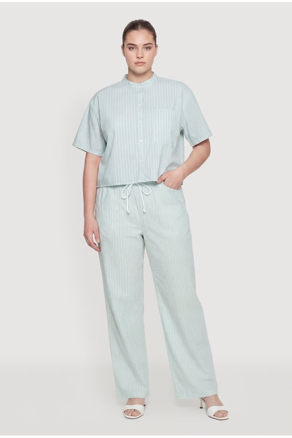 Women's Plus Size Striped Poplin Drawstring Waist Pants
